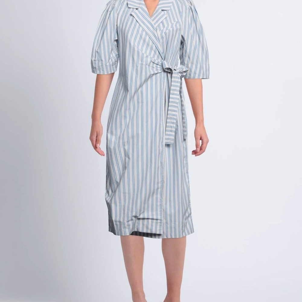 GANNI Designer Striped Blue and White Wrap Dress